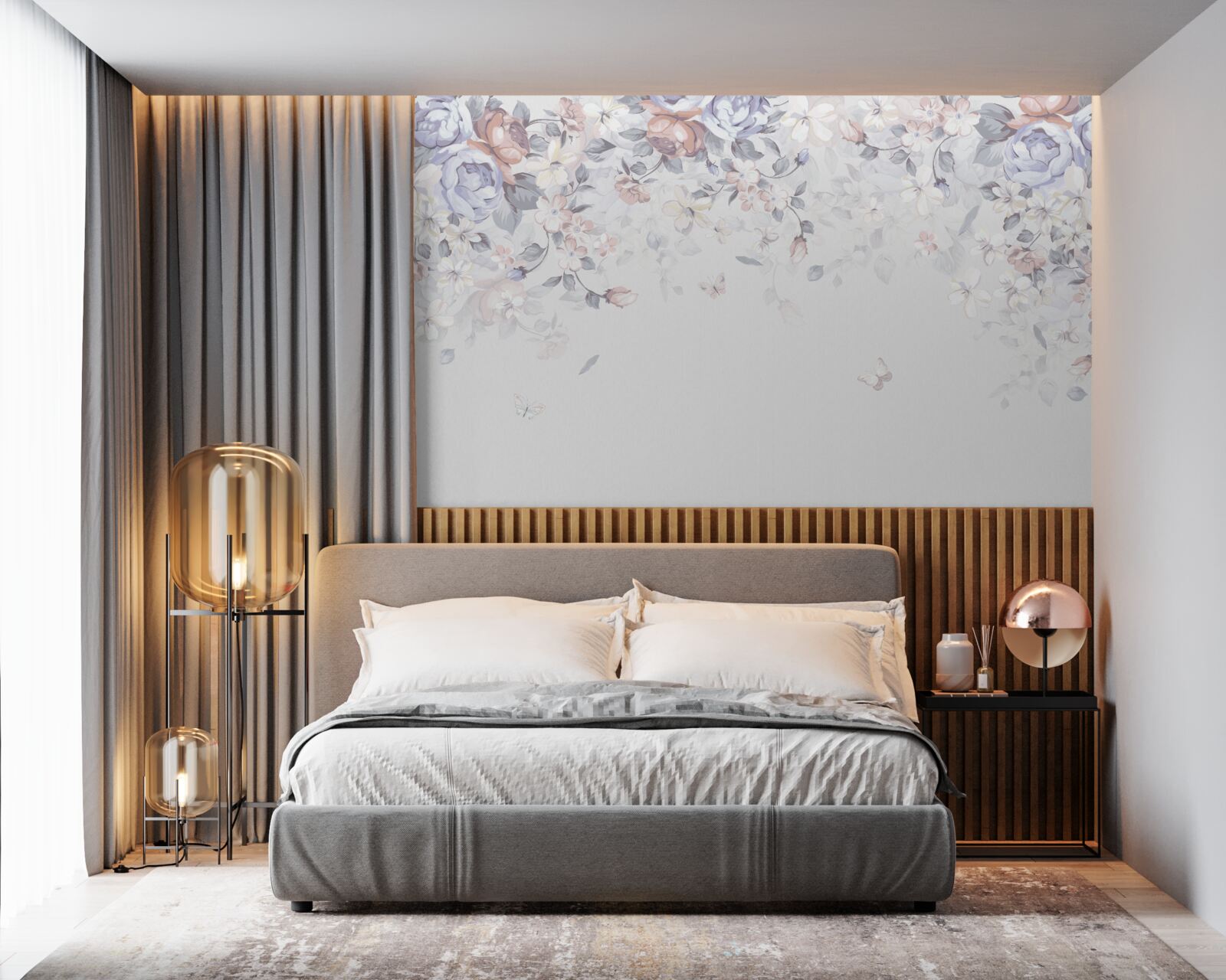 Fototapet fundalul alb este decorat cu flori moi