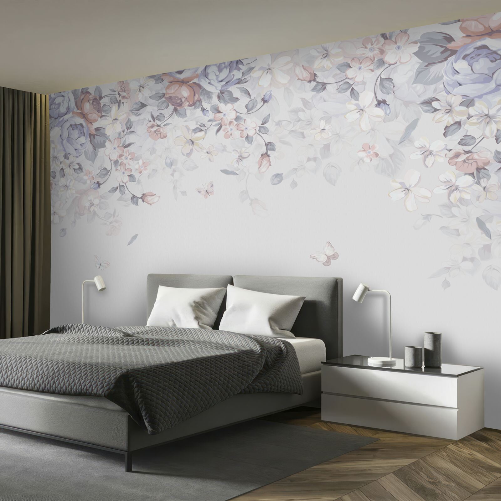 Fototapet fundalul alb este decorat cu flori moi