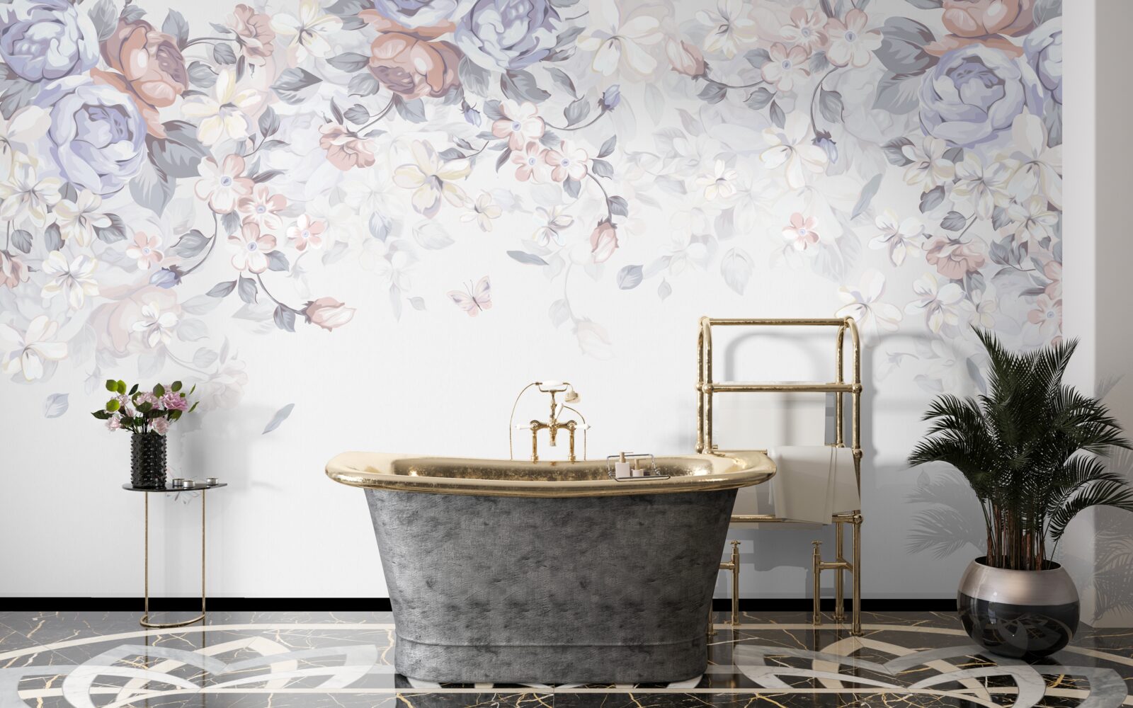 Fototapet fundalul alb este decorat cu flori moi