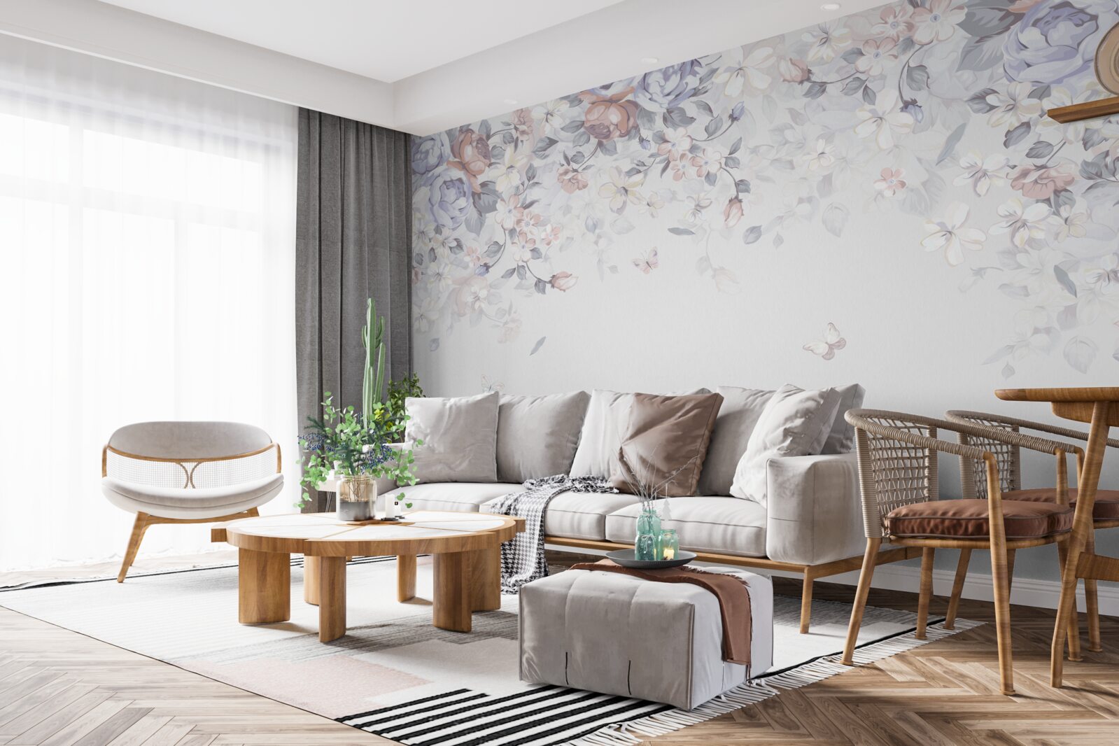 Fototapet fundalul alb este decorat cu flori moi