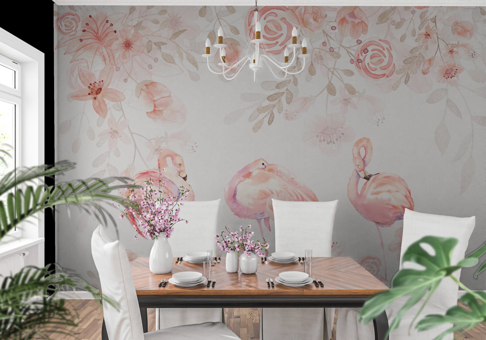 Fototapet flamingo roz și muguri