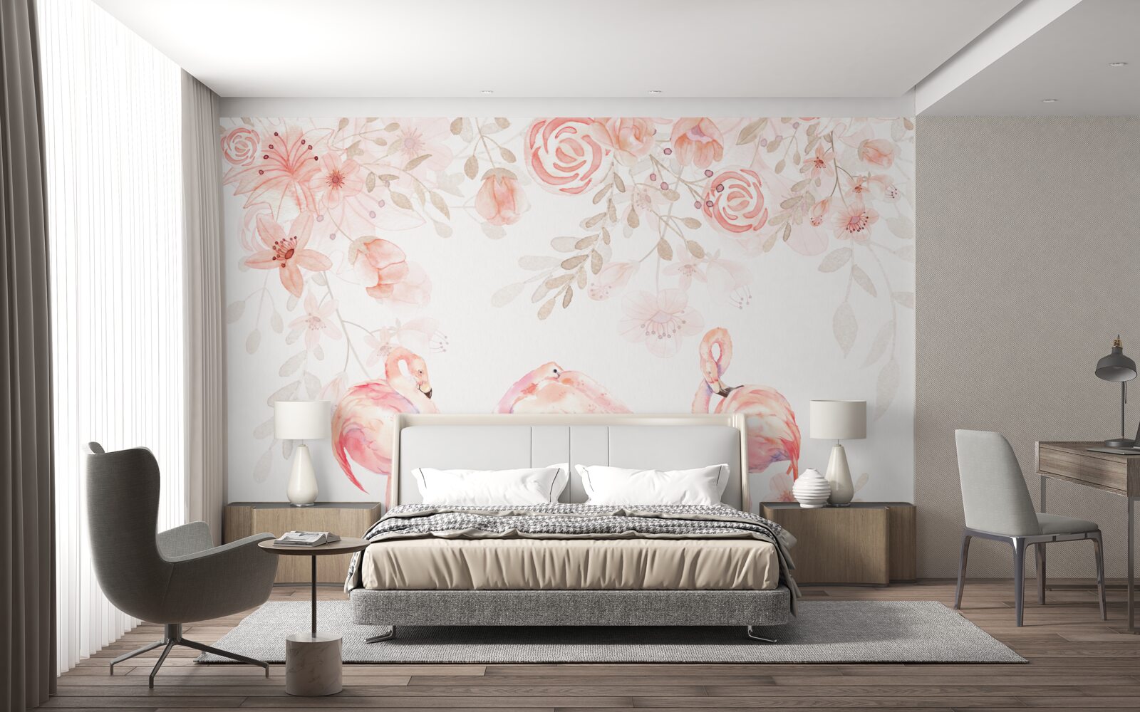 Fototapet flamingo roz și muguri