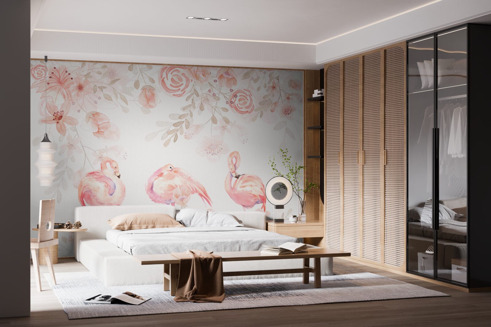 Fototapet flamingo roz și muguri