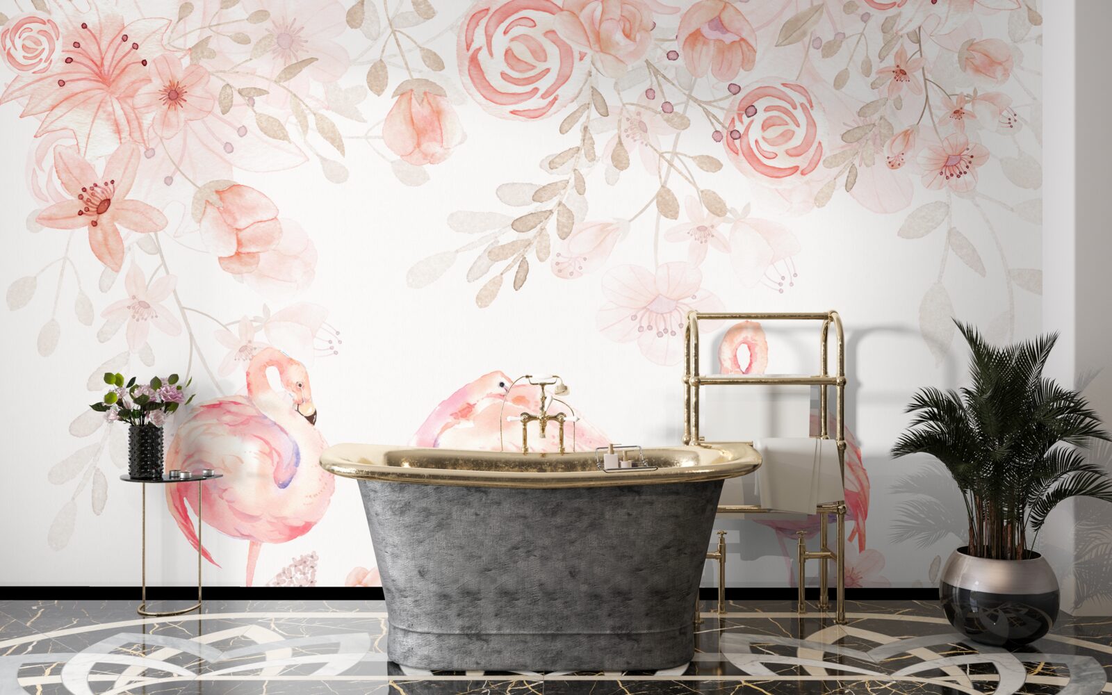 Fototapet flamingo roz și muguri