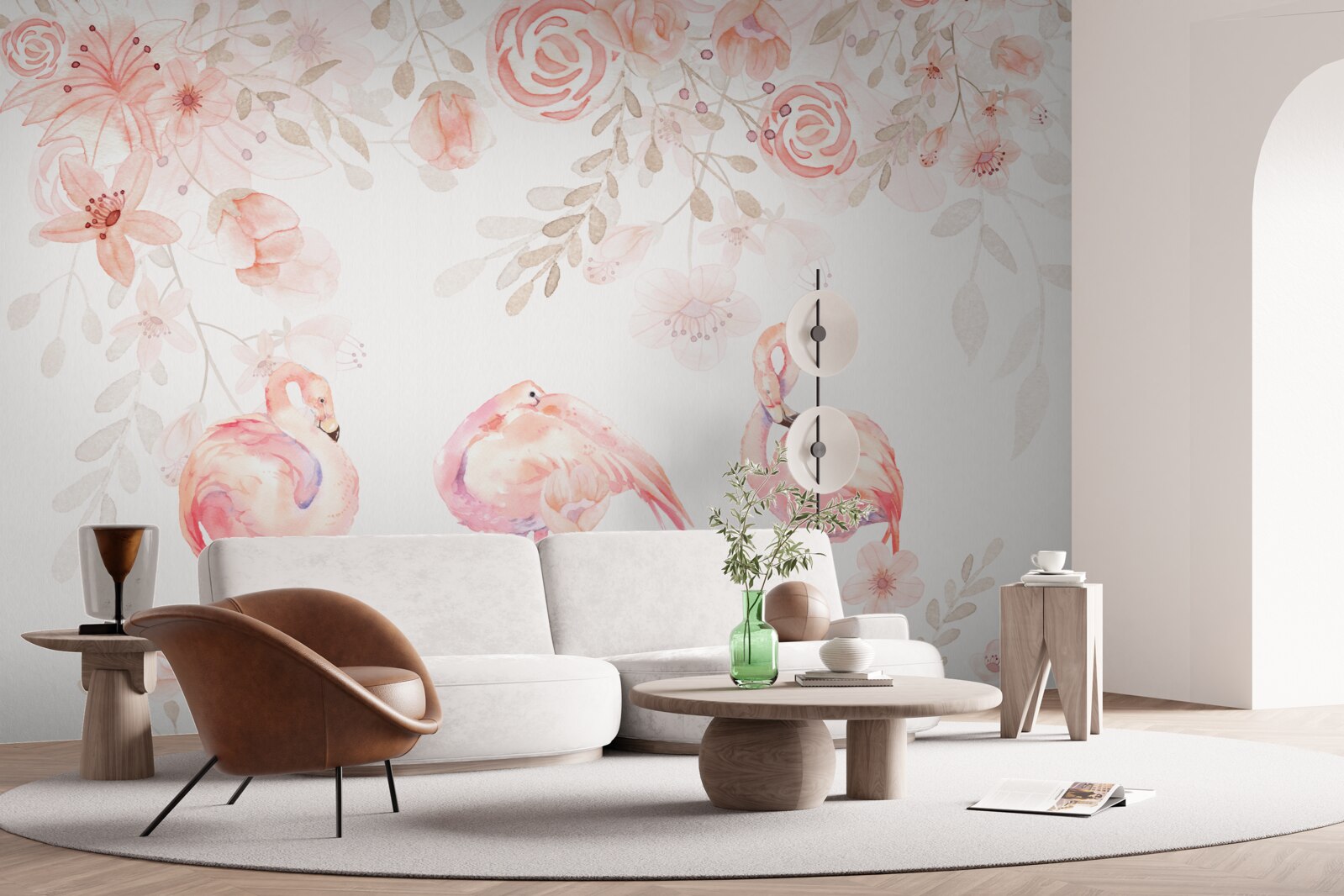 Fototapet flamingo roz și muguri