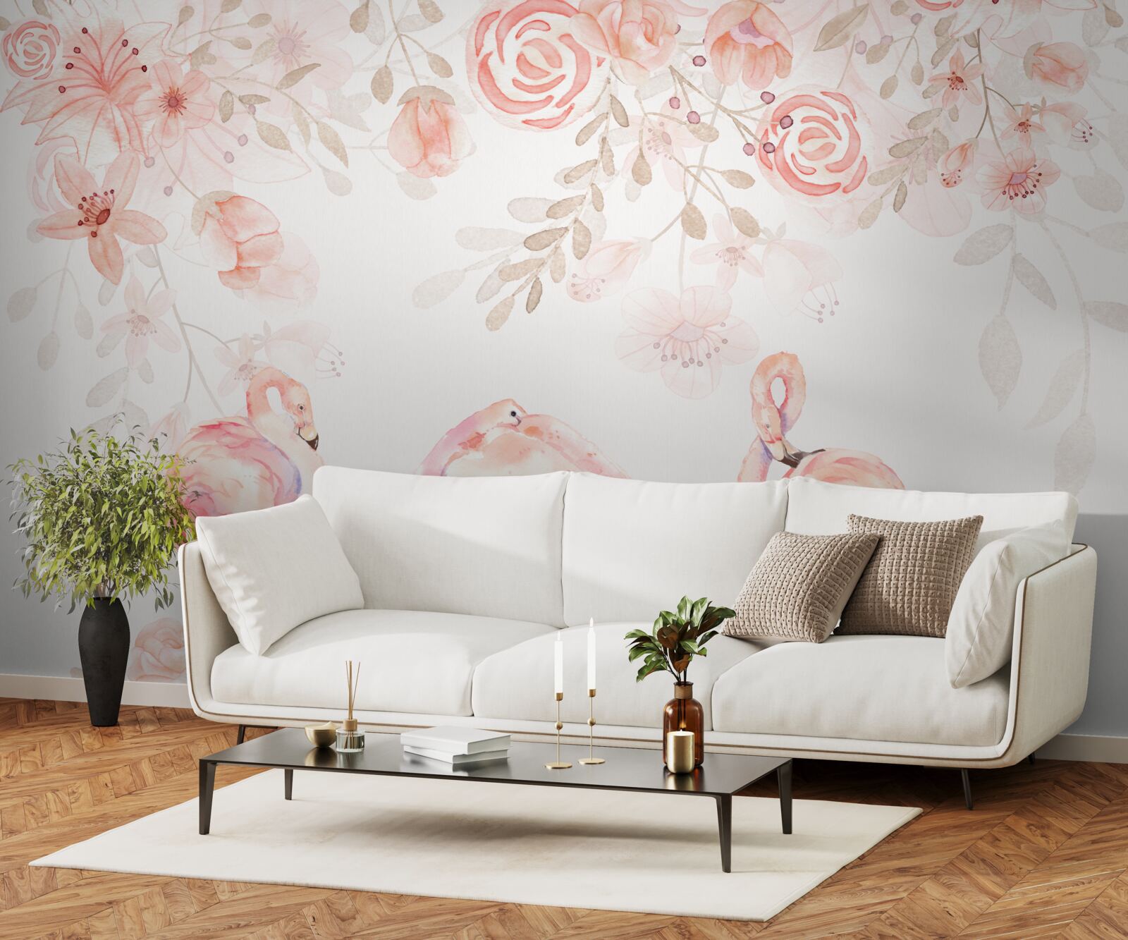 Fototapet flamingo roz și muguri