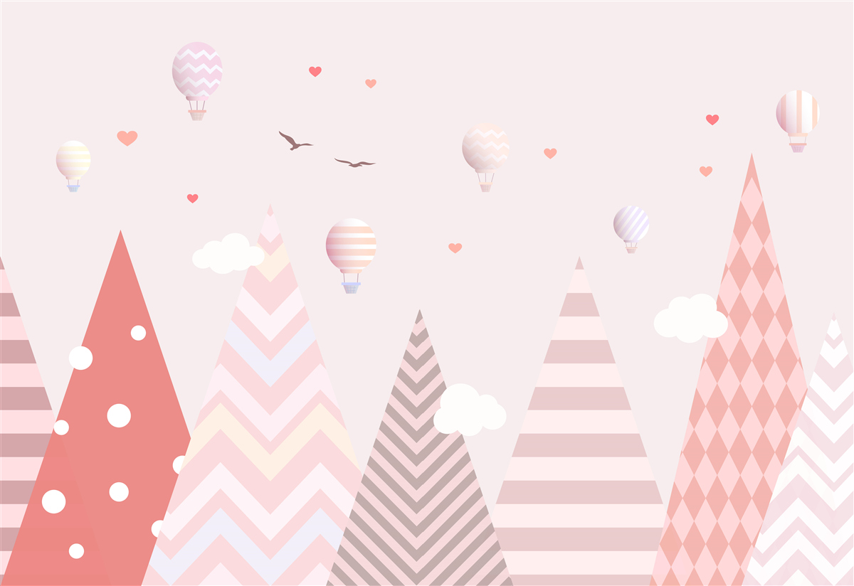 Fototapet munți roz decorați cu baloane