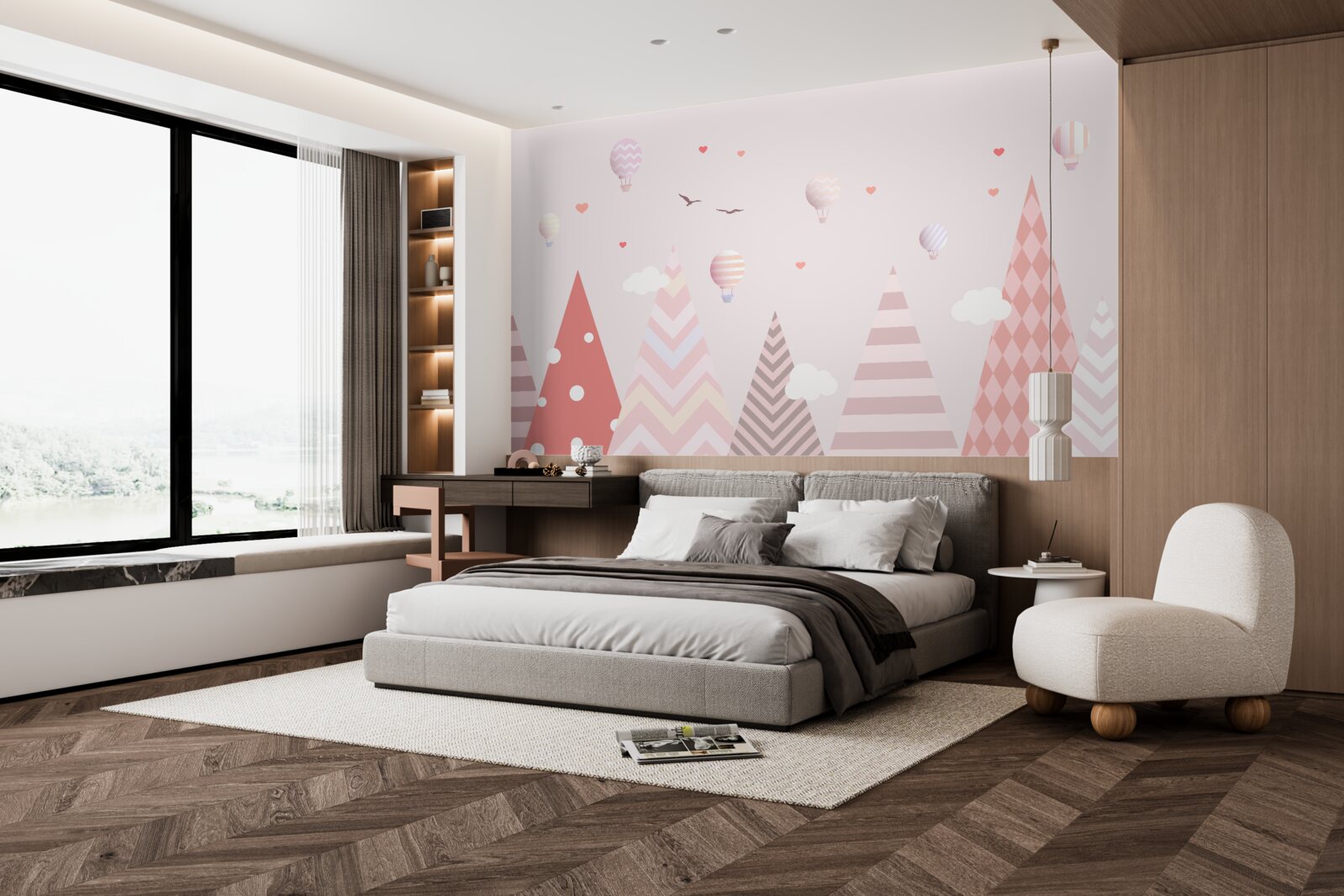 Fototapet munți roz decorați cu baloane