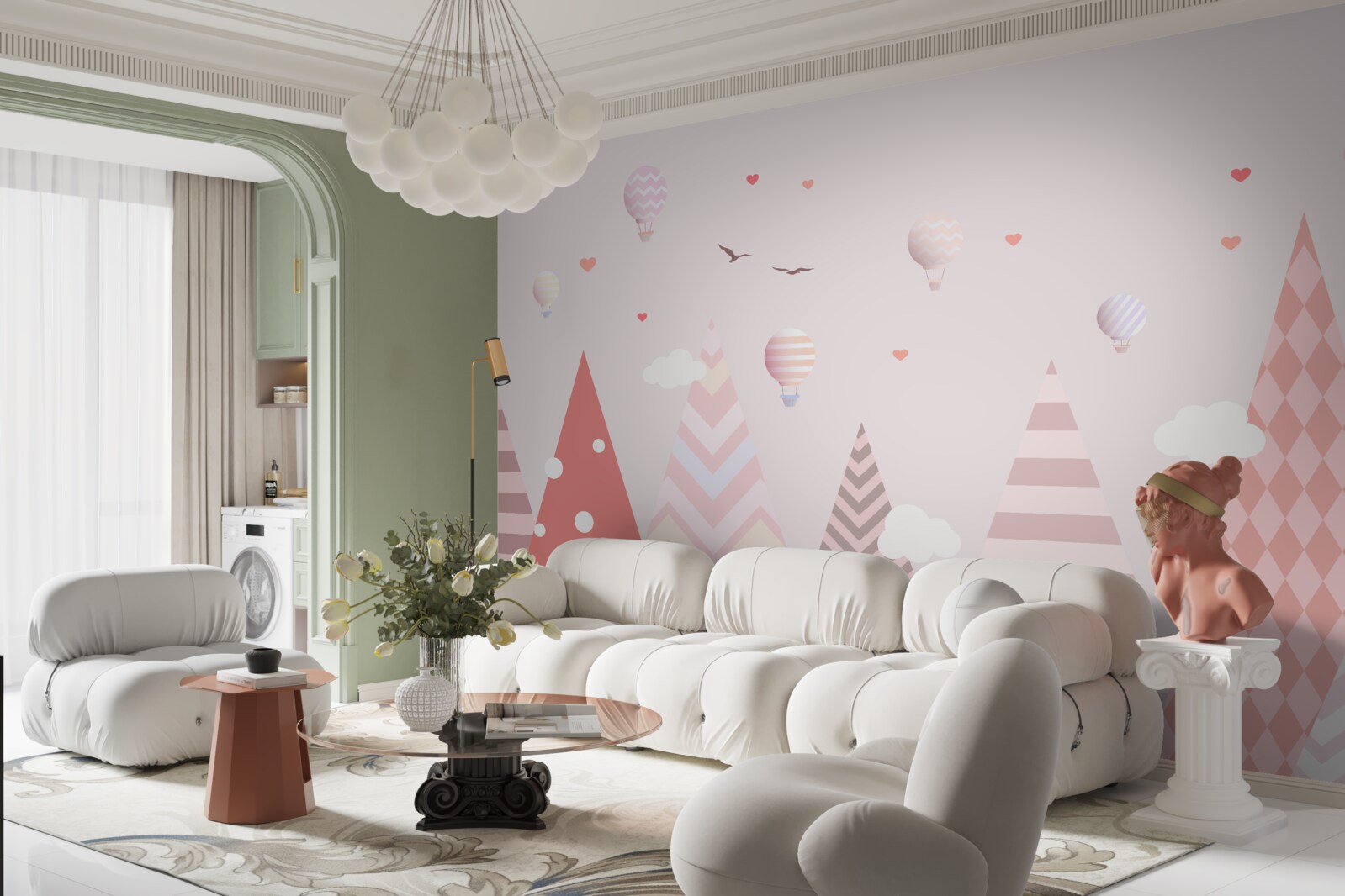 Fototapet munți roz decorați cu baloane