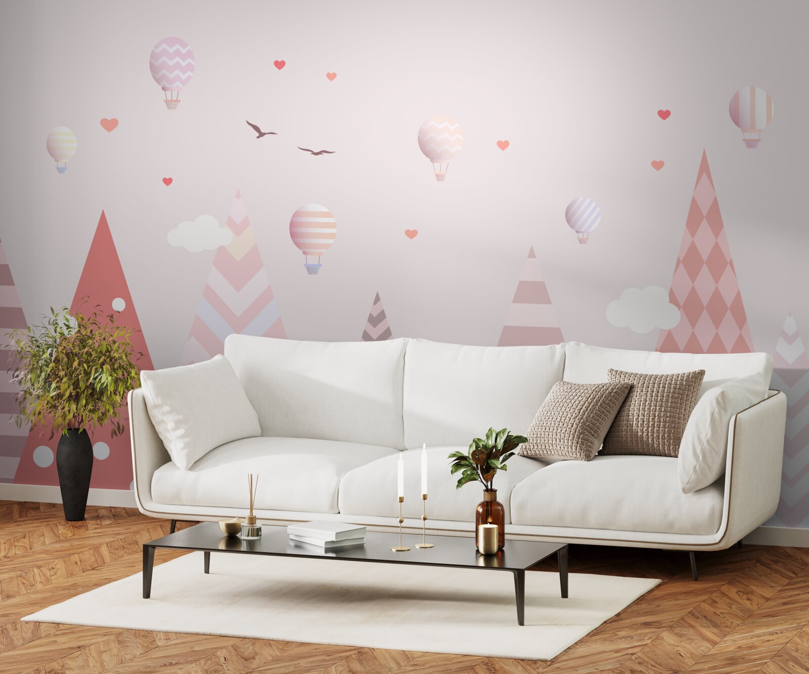 Fototapet munți roz decorați cu baloane