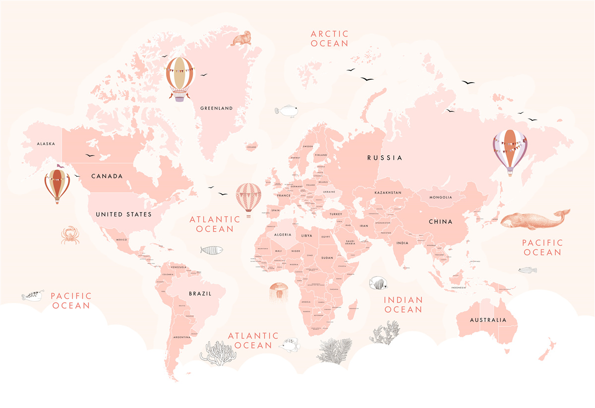 Fototapet atlas al planetelor prezentat într-o paletă de culori roz