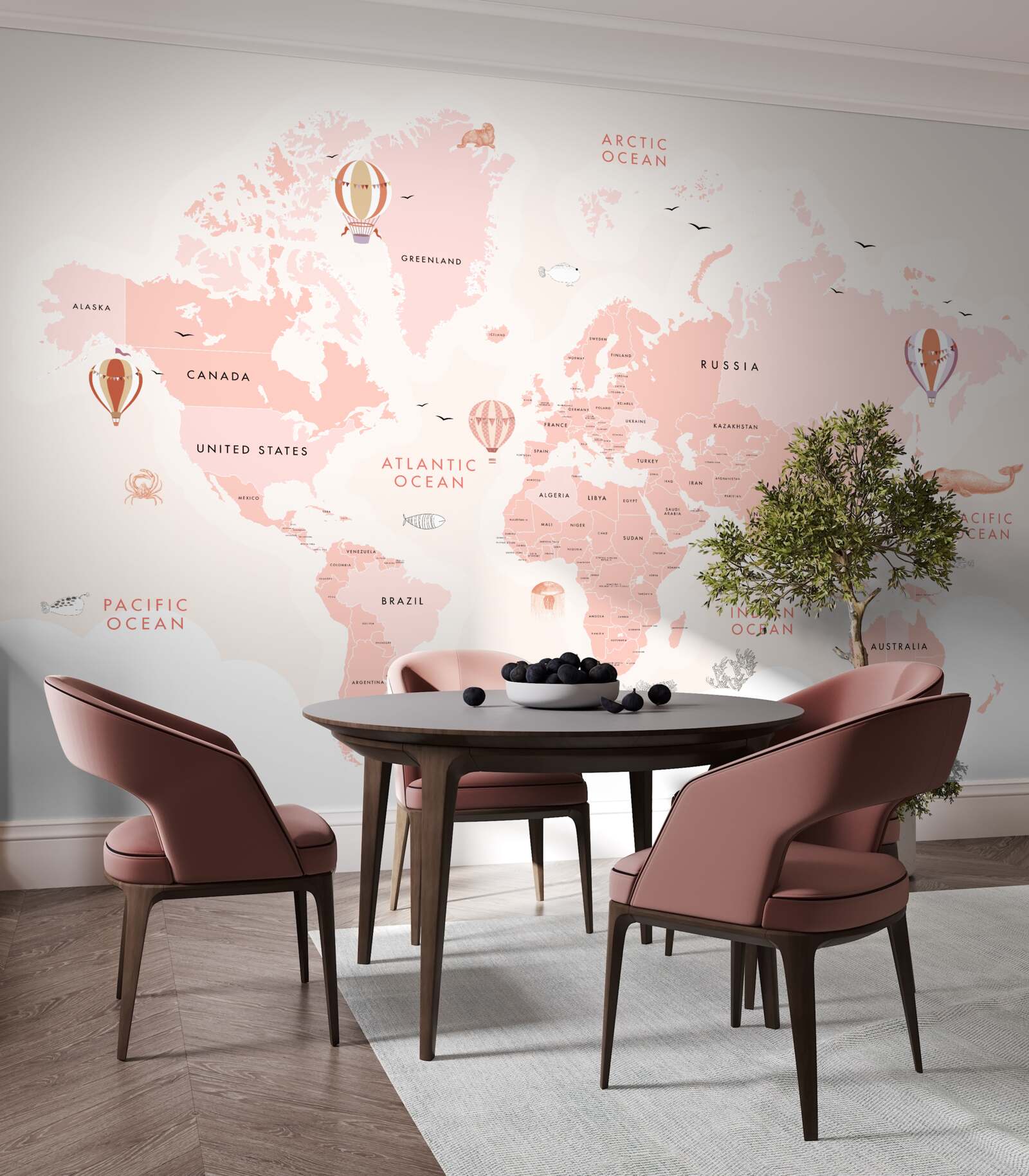 Fototapet atlas al planetelor prezentat într-o paletă de culori roz