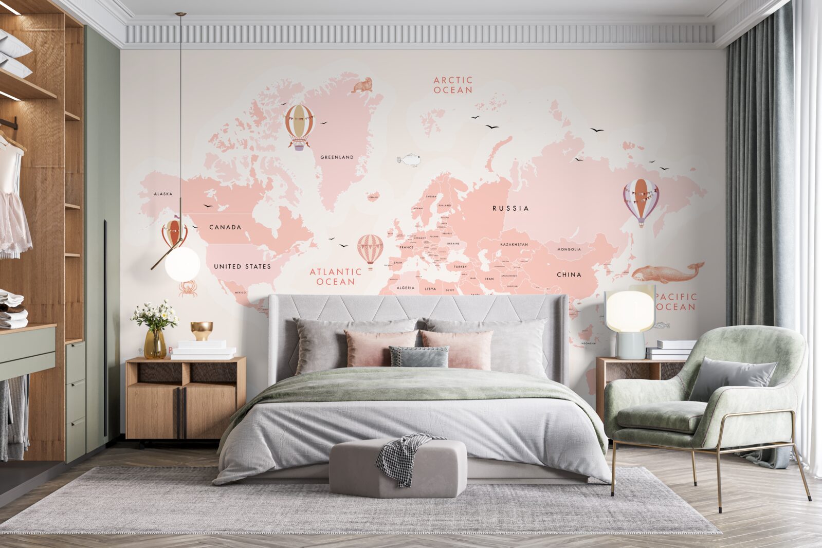 Fototapet atlas al planetelor prezentat într-o paletă de culori roz