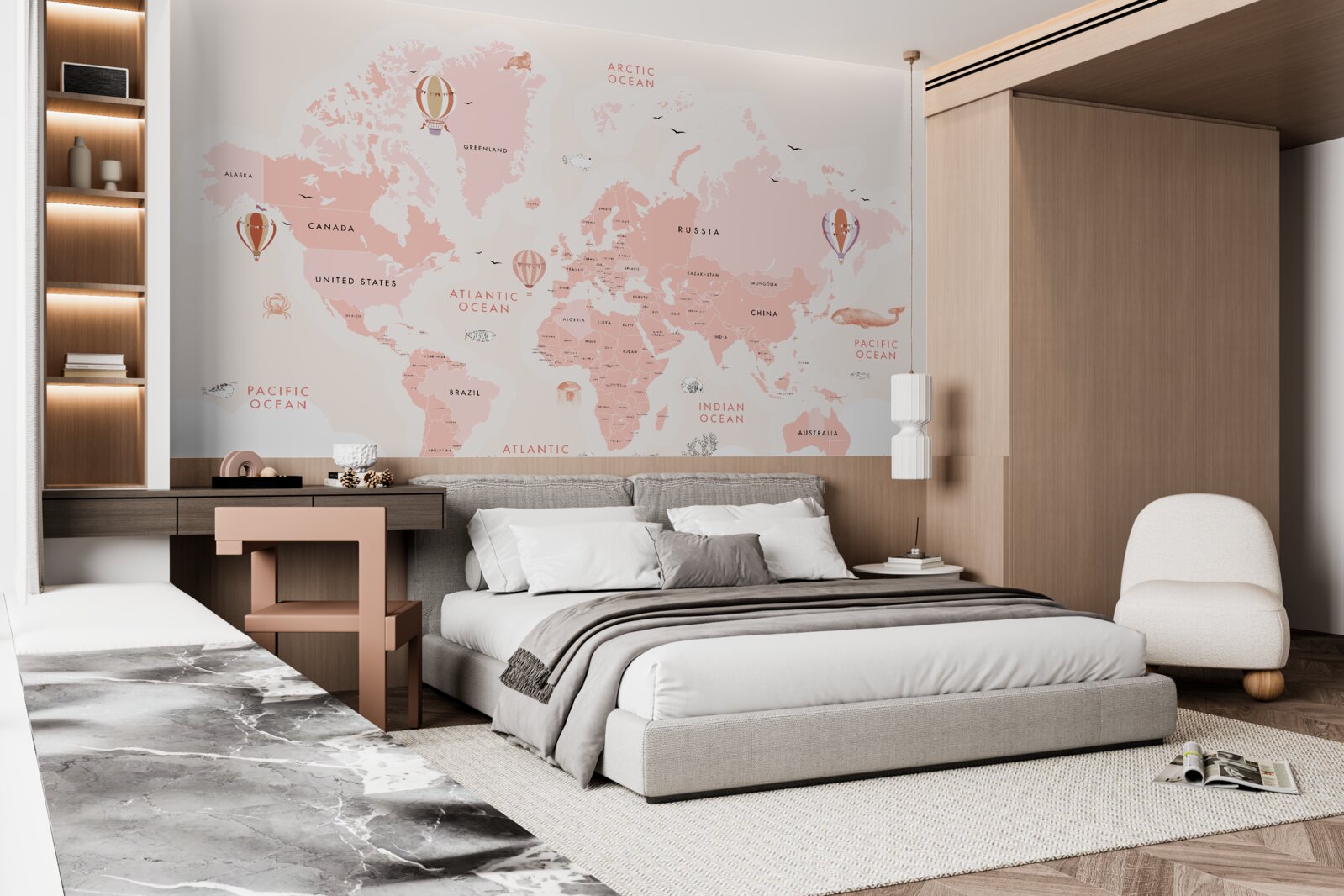 Fototapet atlas al planetelor prezentat într-o paletă de culori roz