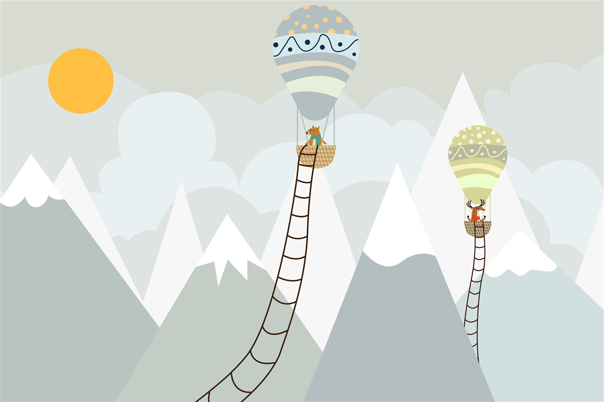 Fototapet ființe biologice ambalate în baloane înconjurate de munți