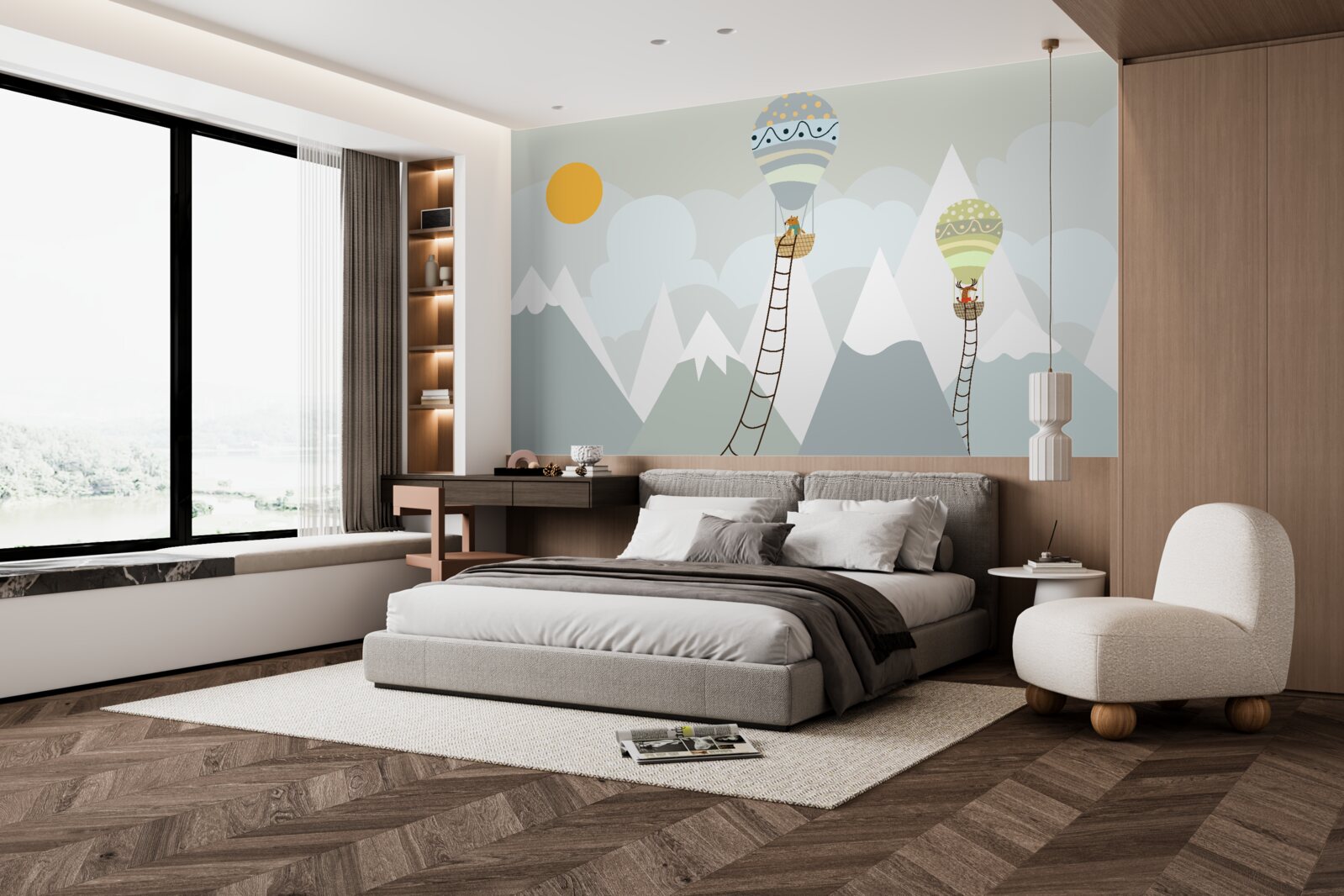 Fototapet ființe biologice ambalate în baloane înconjurate de munți