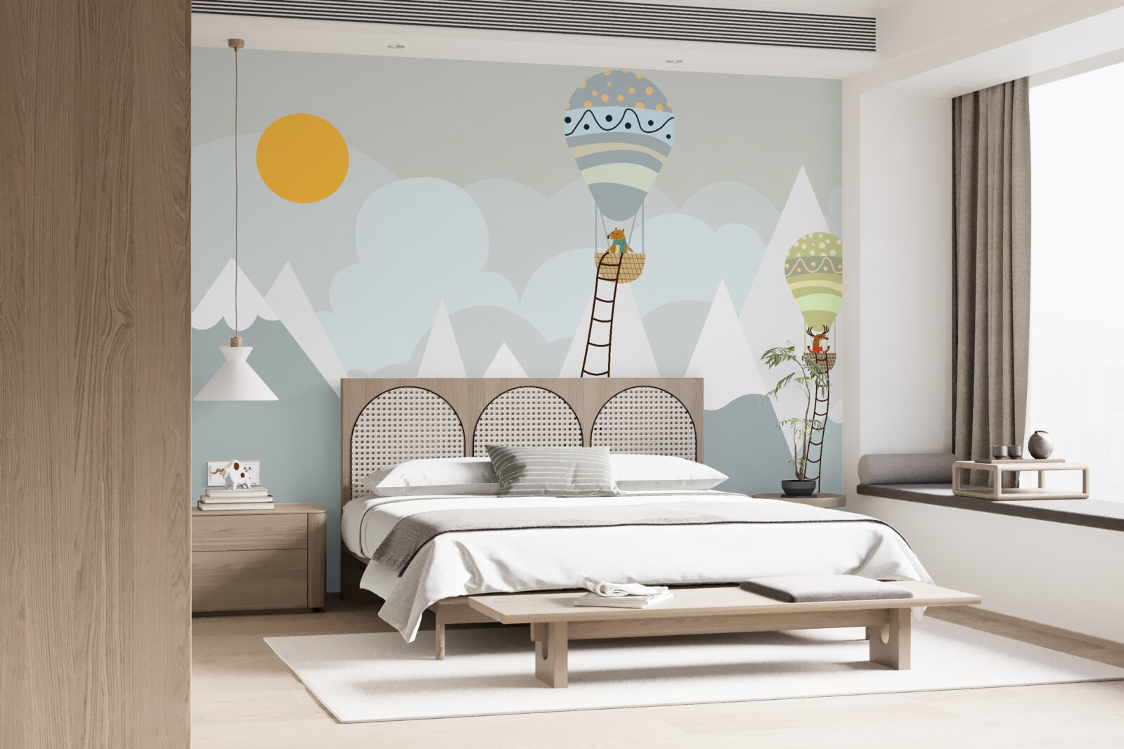 Fototapet ființe biologice ambalate în baloane înconjurate de munți