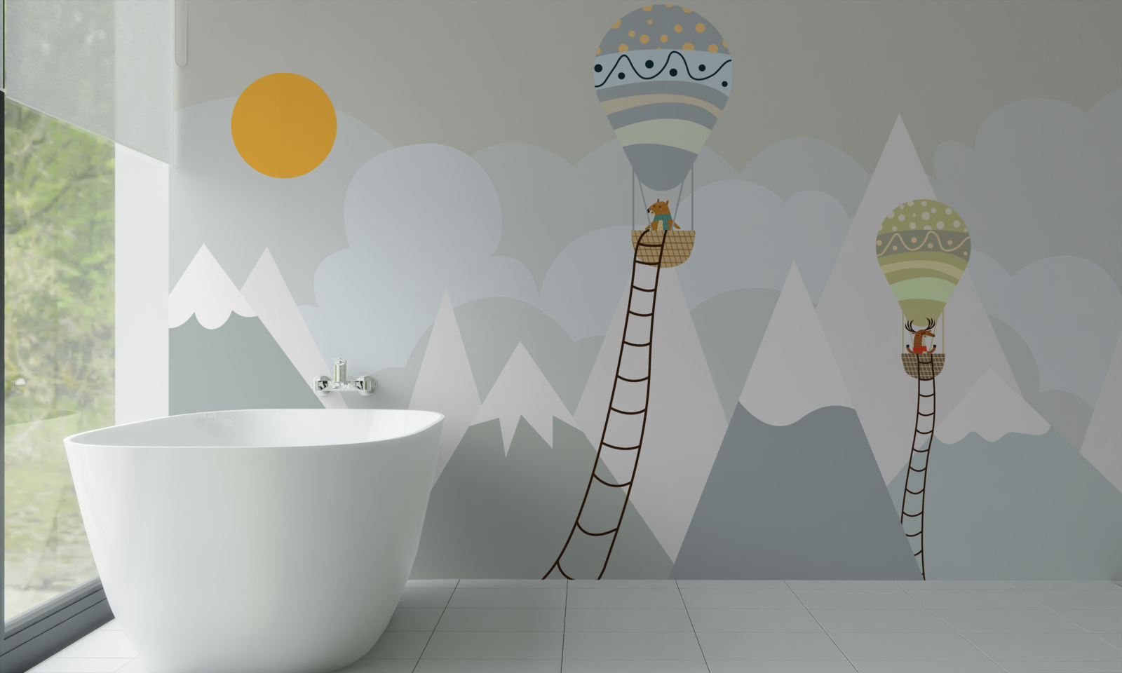 Fototapet ființe biologice ambalate în baloane înconjurate de munți