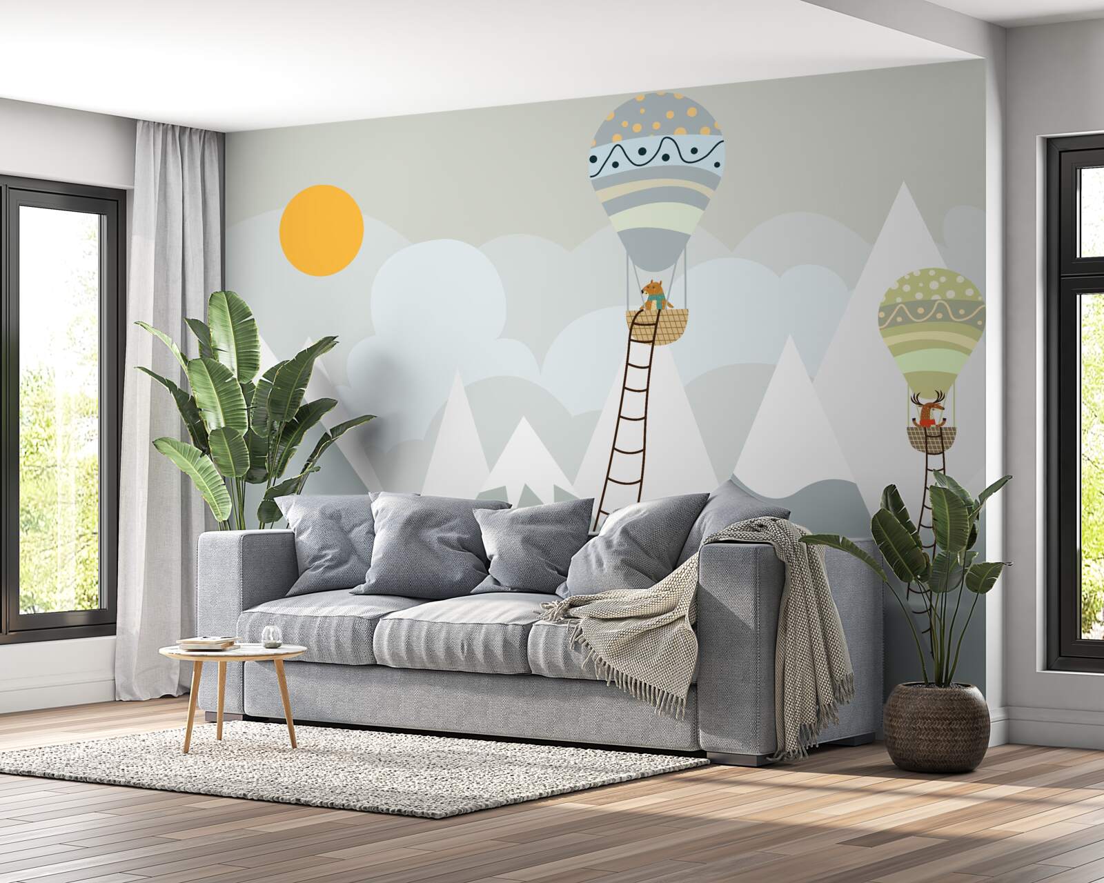 Fototapet ființe biologice ambalate în baloane înconjurate de munți