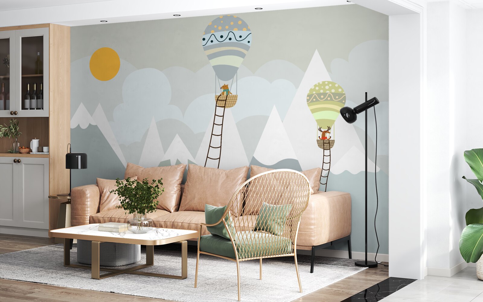 Fototapet ființe biologice ambalate în baloane înconjurate de munți