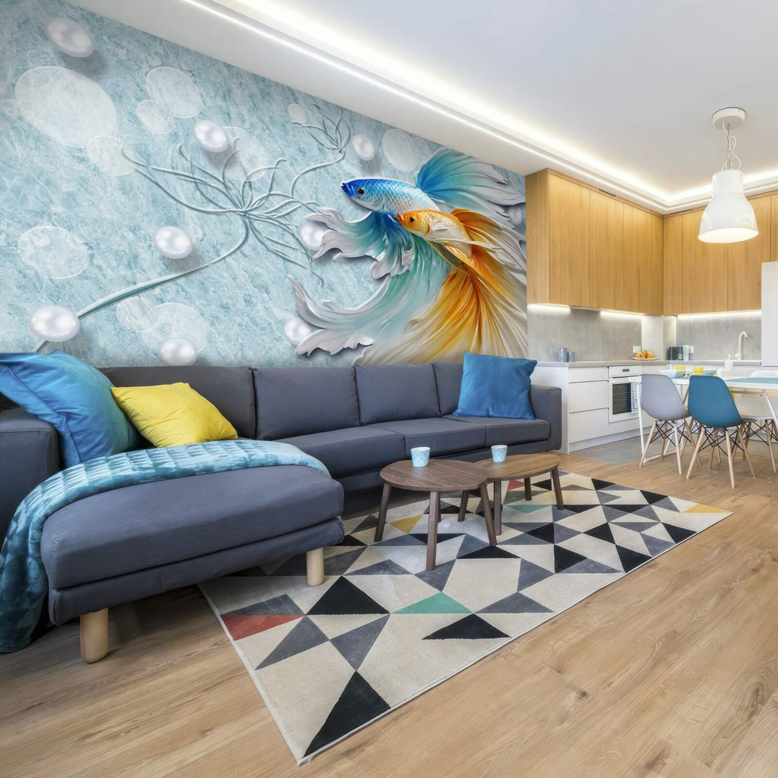 Fototapet pești cu cozi luxuriante, învăluiți în aur și albastru