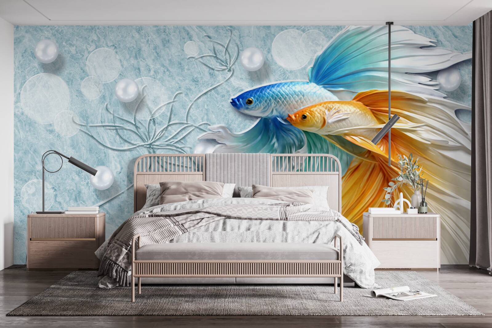 Fototapet pești cu cozi luxuriante, învăluiți în aur și albastru