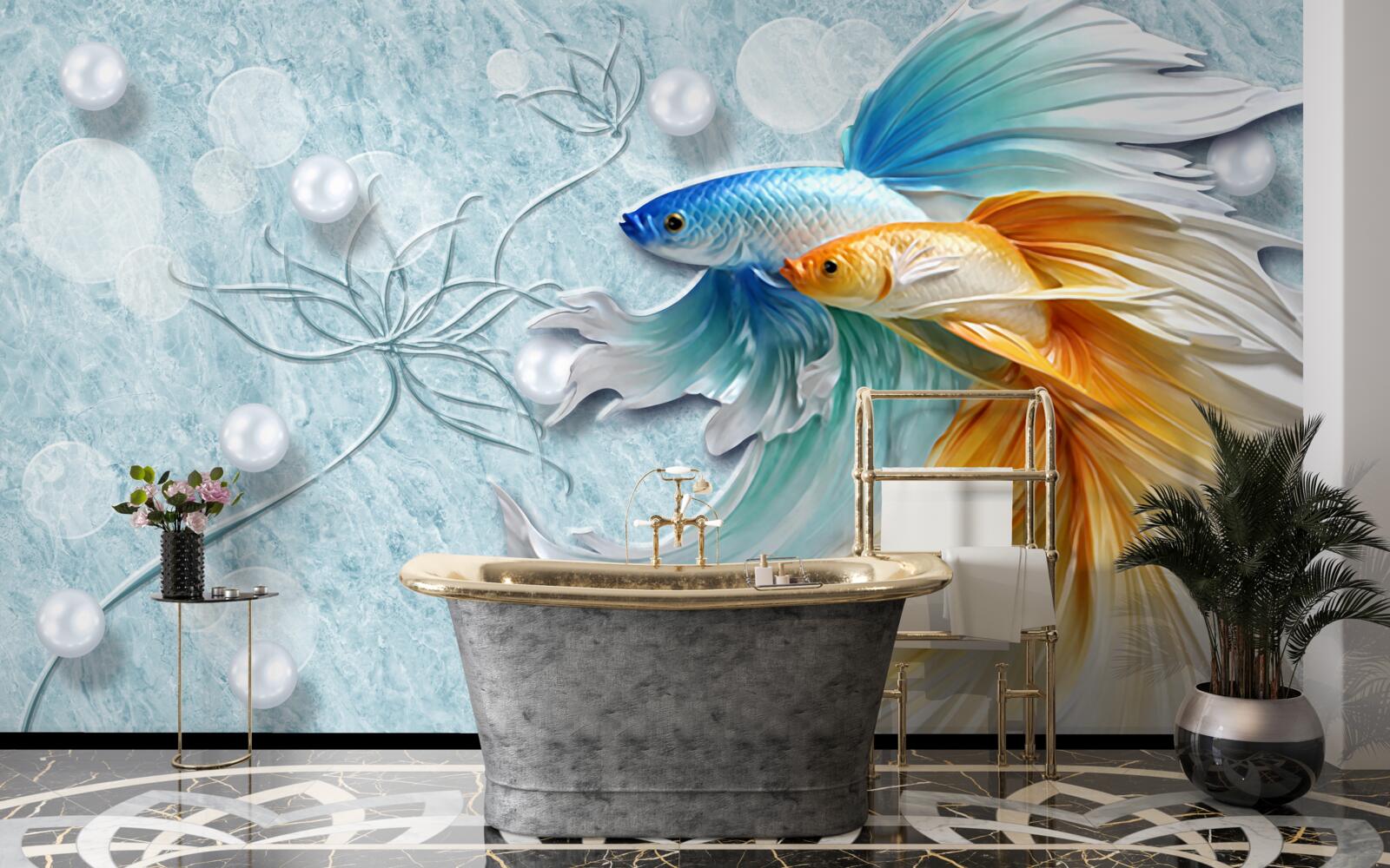 Fototapet pești cu cozi luxuriante, învăluiți în aur și albastru