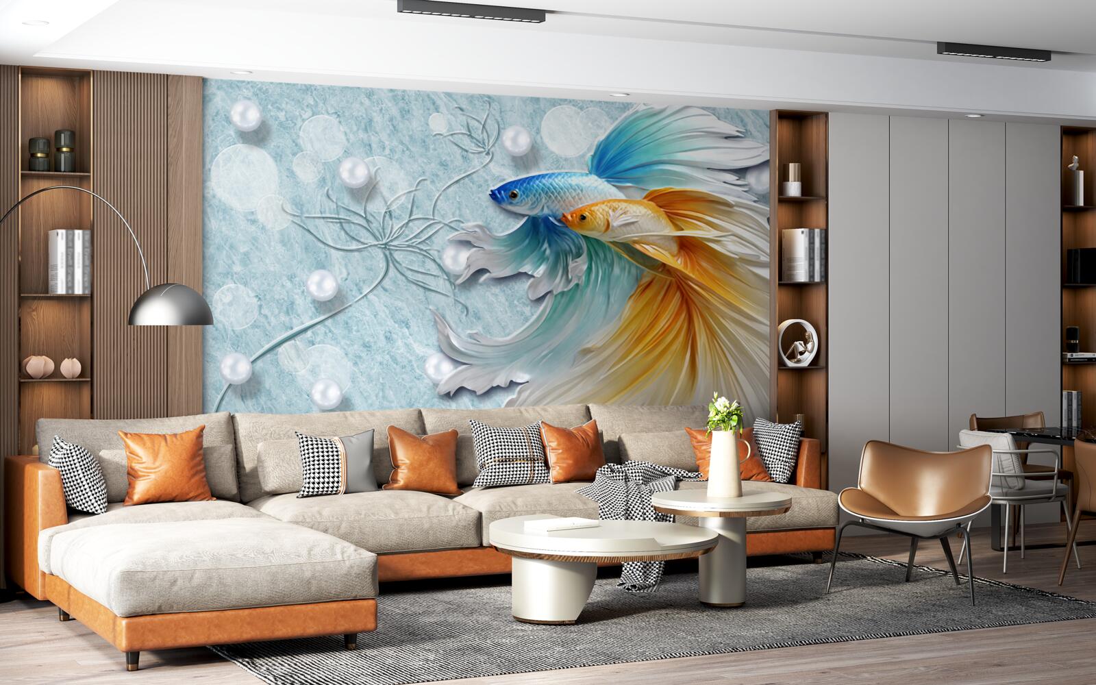 Fototapet pești cu cozi luxuriante, învăluiți în aur și albastru