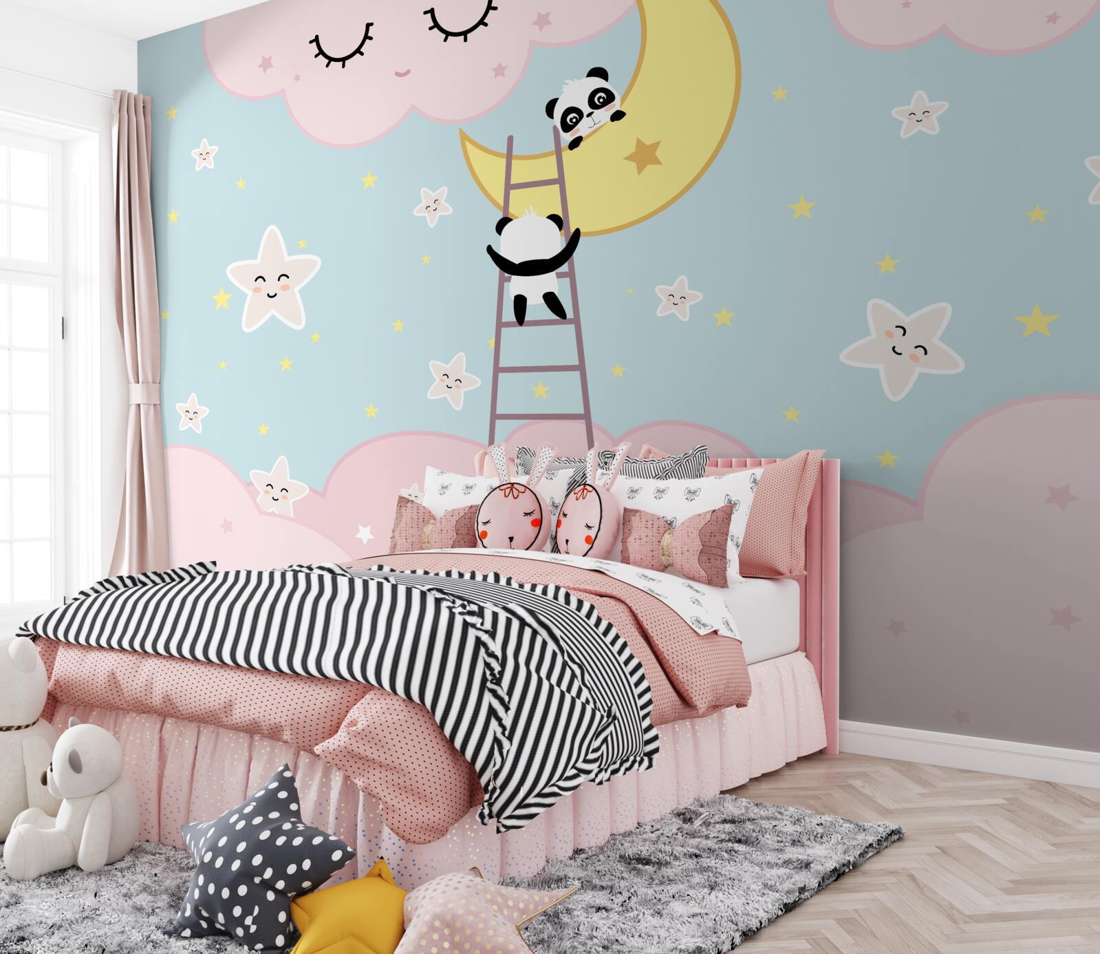 Fototapet panda urcă o scară până la lună