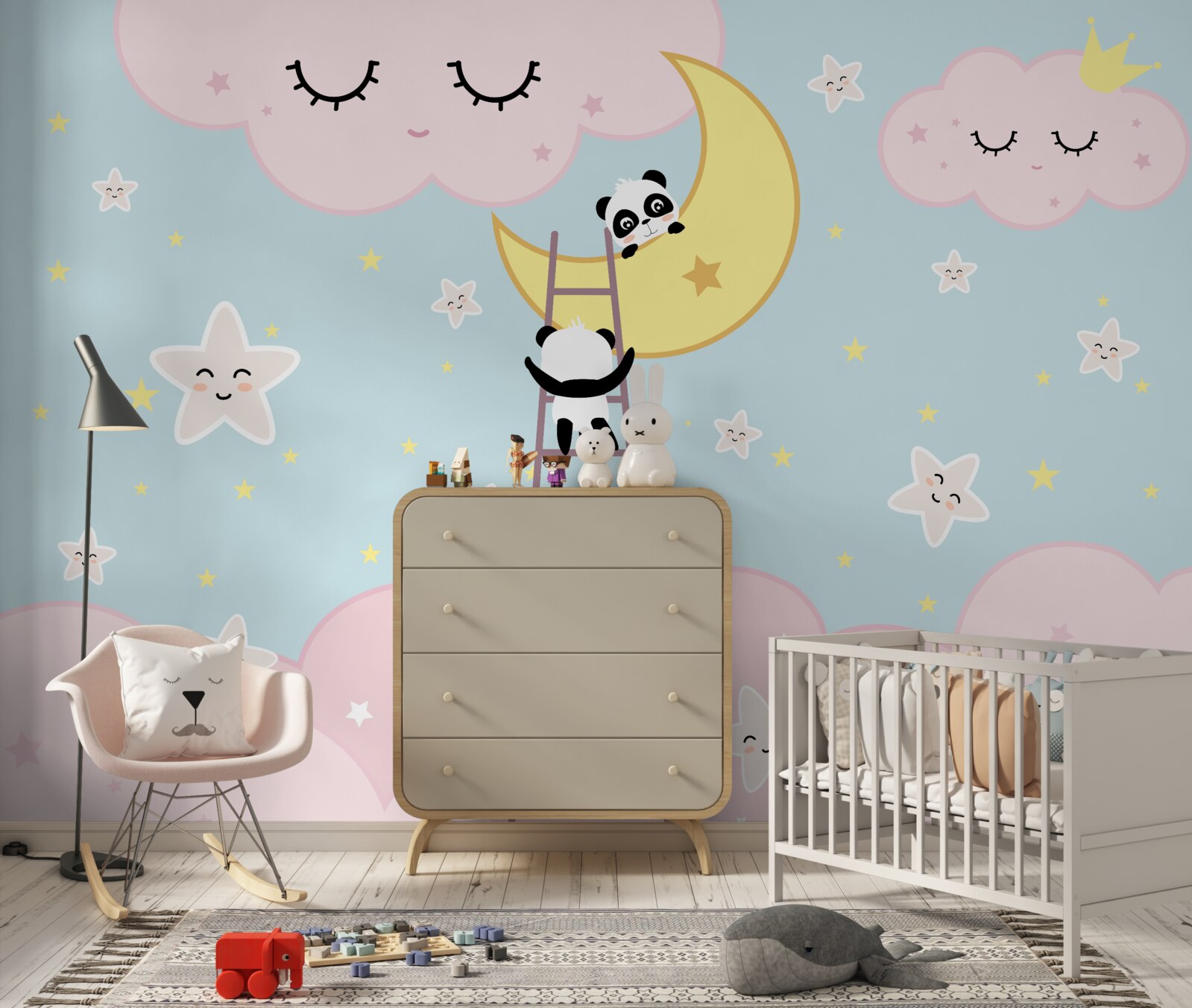 Fototapet panda urcă o scară până la lună