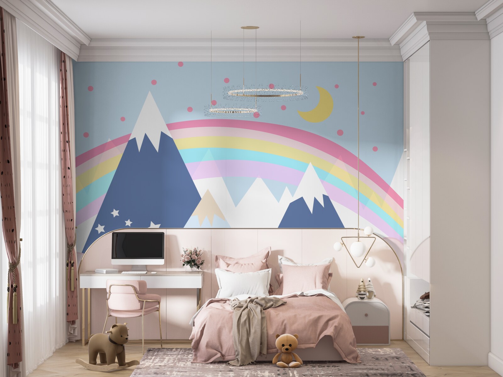 Fototapet munți într-o nuanță albastră cu un curcubeu în fundal