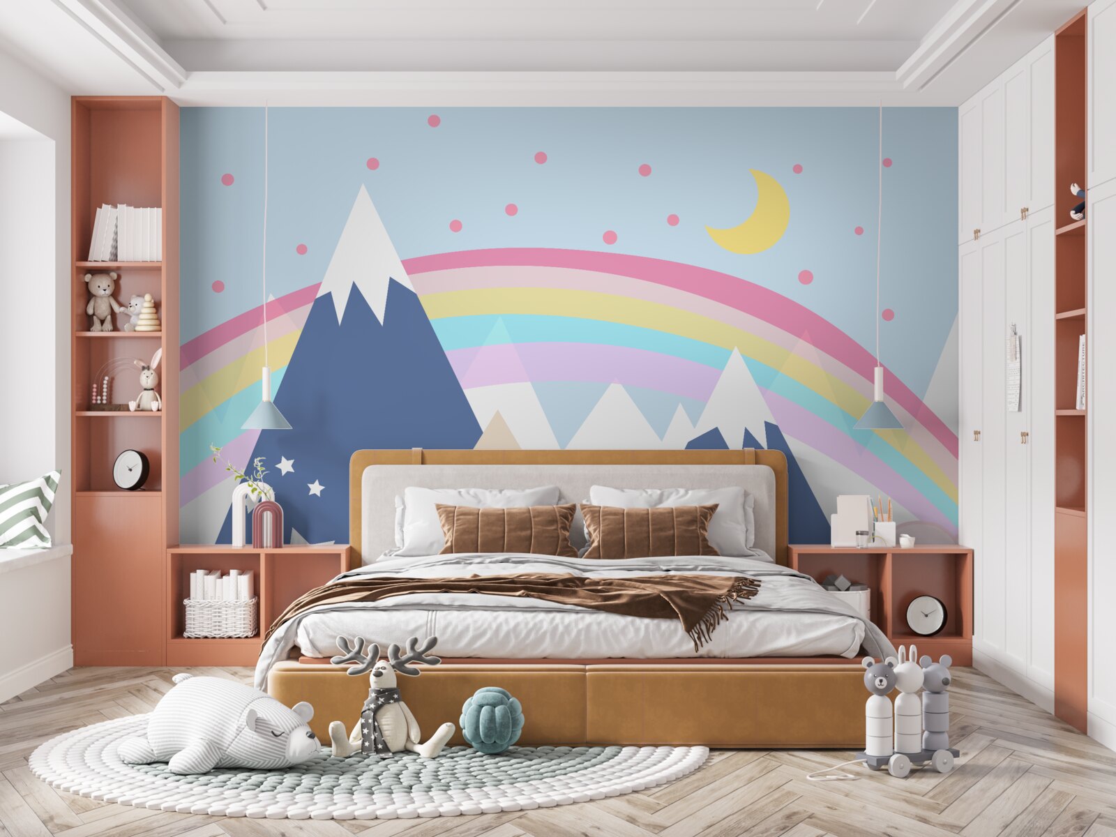 Fototapet munți într-o nuanță albastră cu un curcubeu în fundal