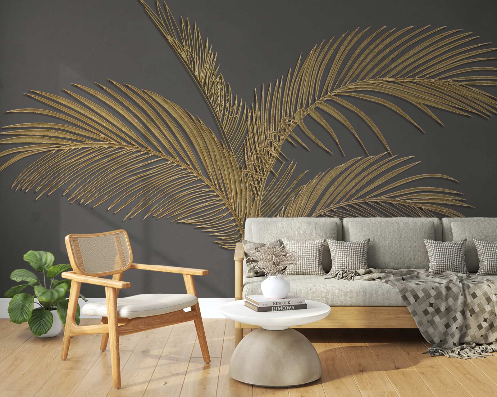 Fototapet frunze maro pană pe un fundal gri