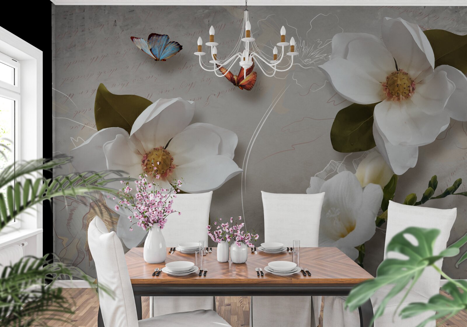 Fototapet doi fluturi zboară peste flori albe ca zăpada