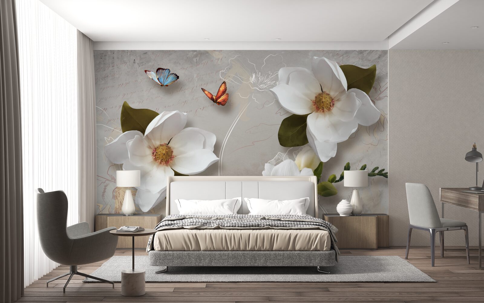 Fototapet doi fluturi zboară peste flori albe ca zăpada