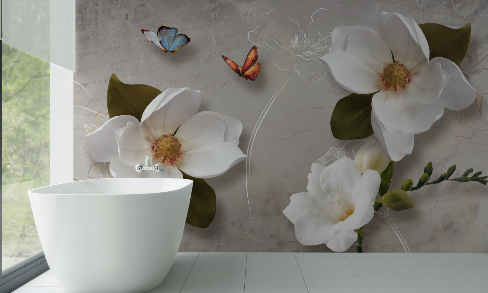 Fototapet doi fluturi zboară peste flori albe ca zăpada