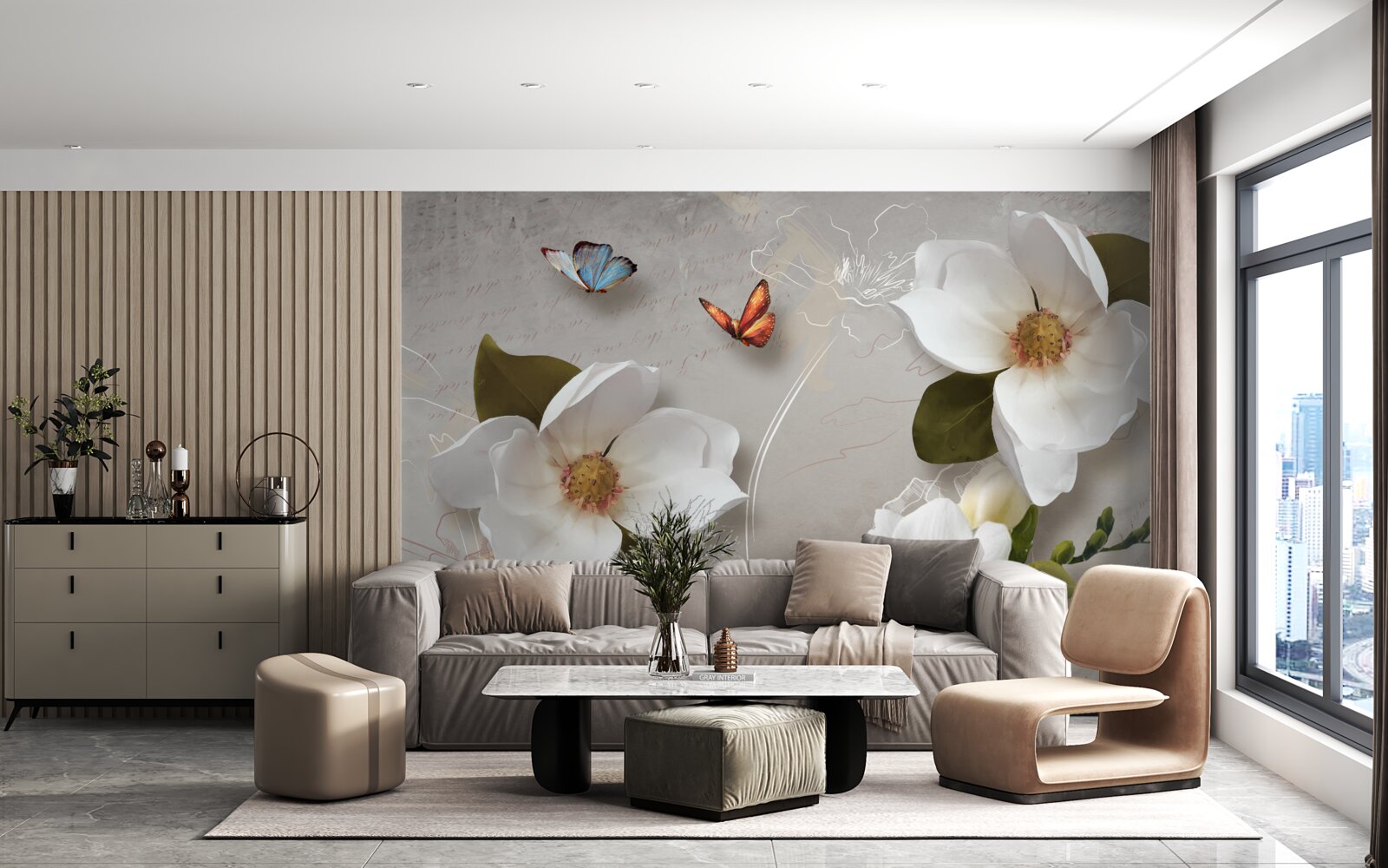 Fototapet doi fluturi zboară peste flori albe ca zăpada