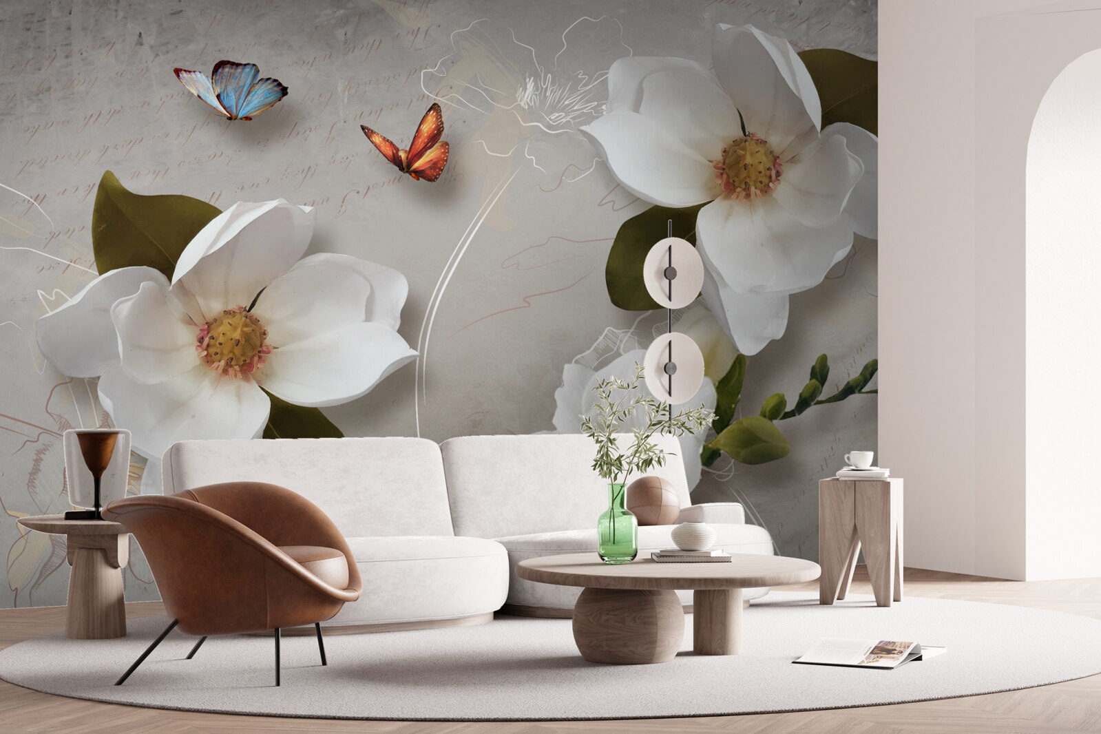 Fototapet doi fluturi zboară peste flori albe ca zăpada