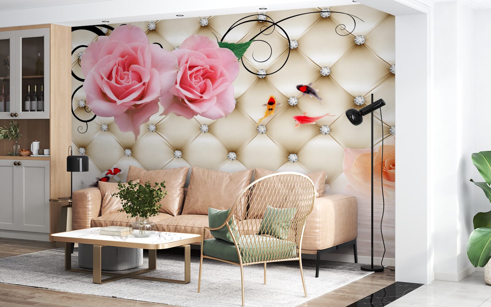 Fototapet fluturi și trandafiri peste elementele vitale