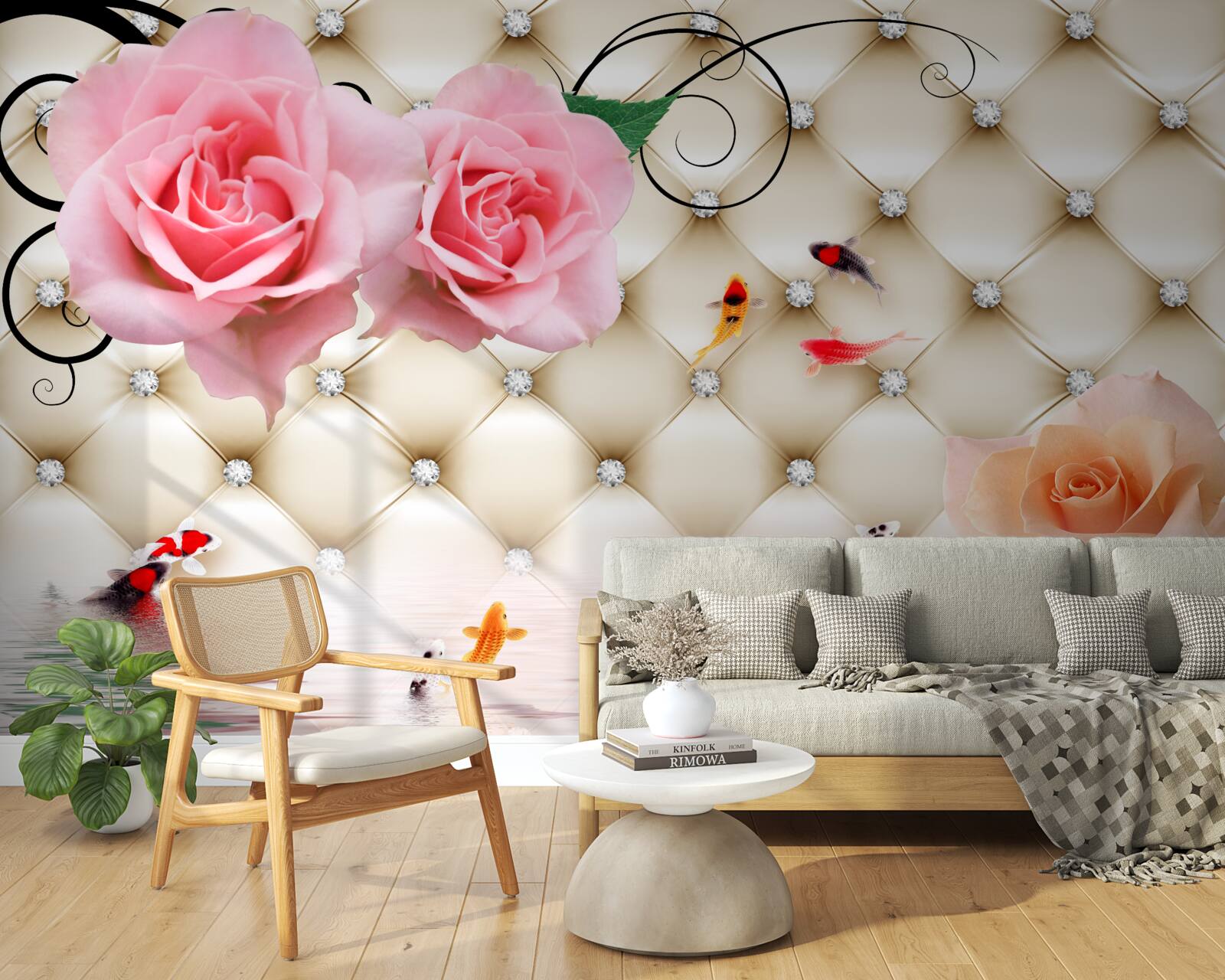 Fototapet fluturi și trandafiri peste elementele vitale