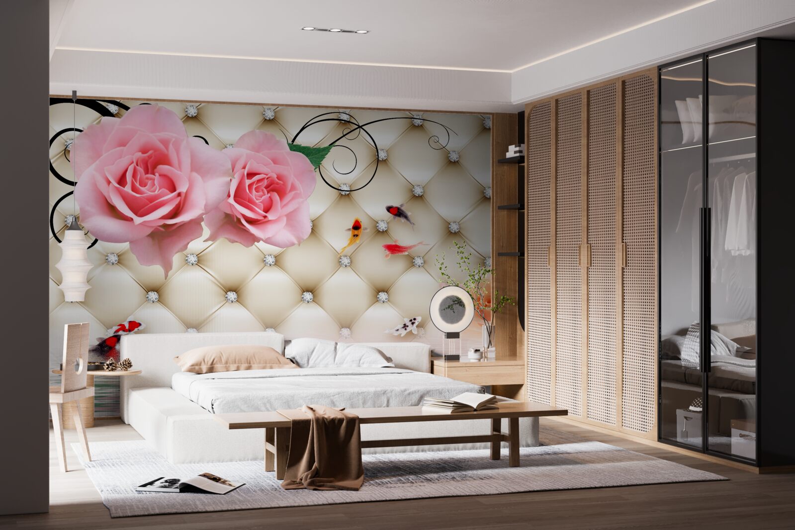 Fototapet fluturi și trandafiri peste elementele vitale