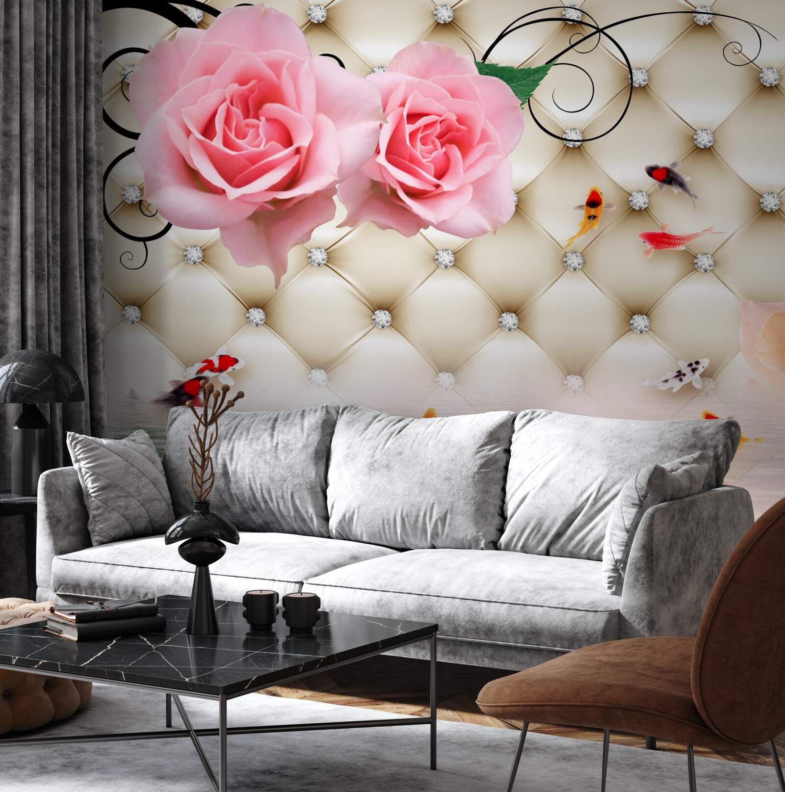 Fototapet fluturi și trandafiri peste elementele vitale