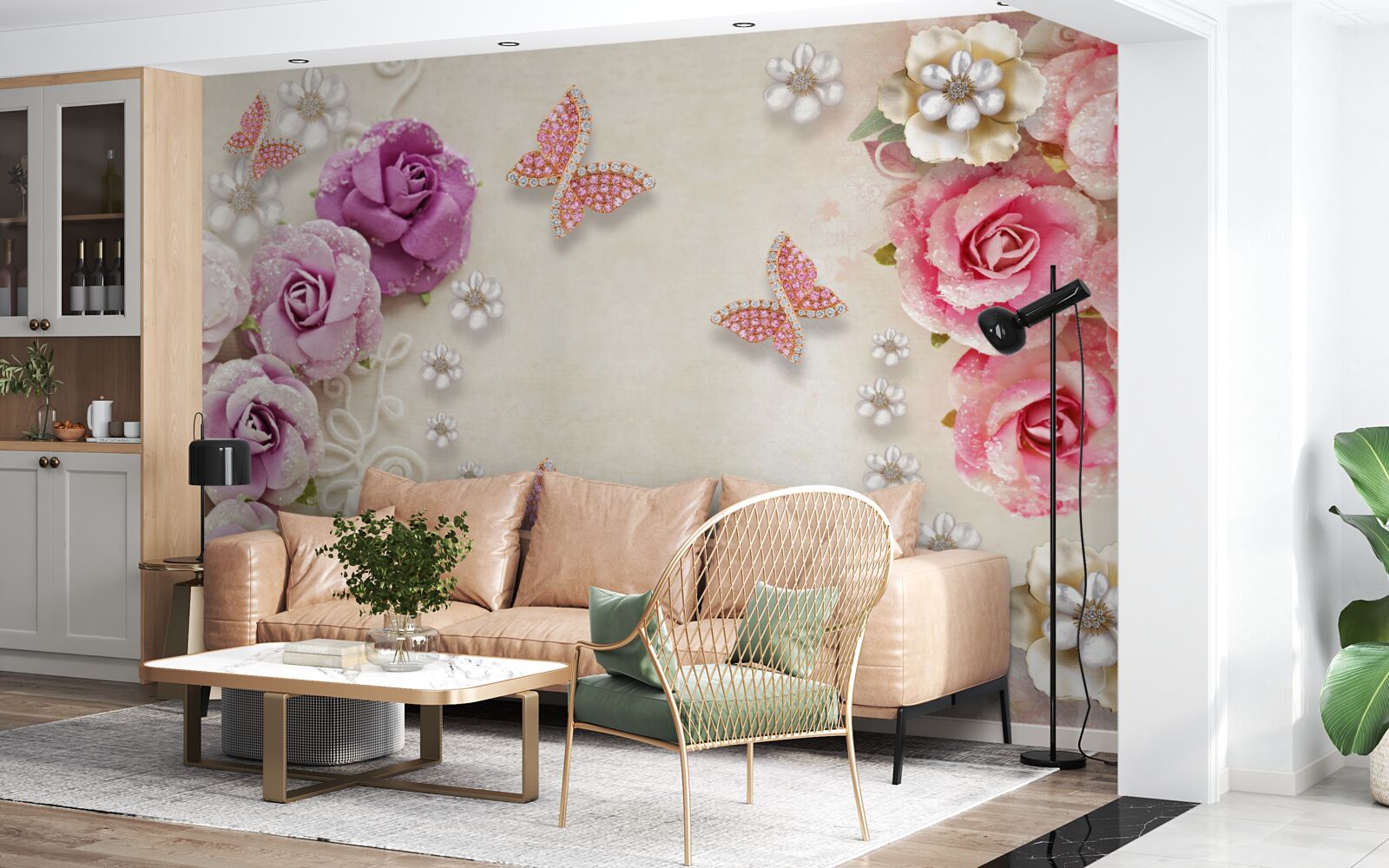 Fototapet florile sunt înconjurate de fluturi din pietre