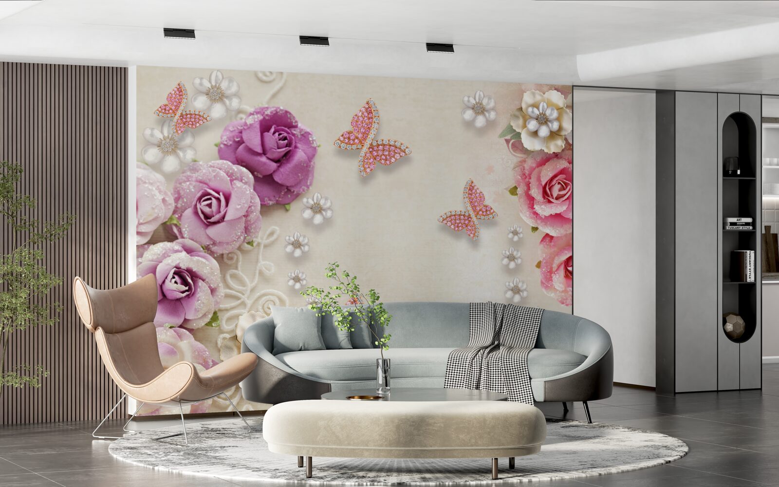 Fototapet florile sunt înconjurate de fluturi din pietre