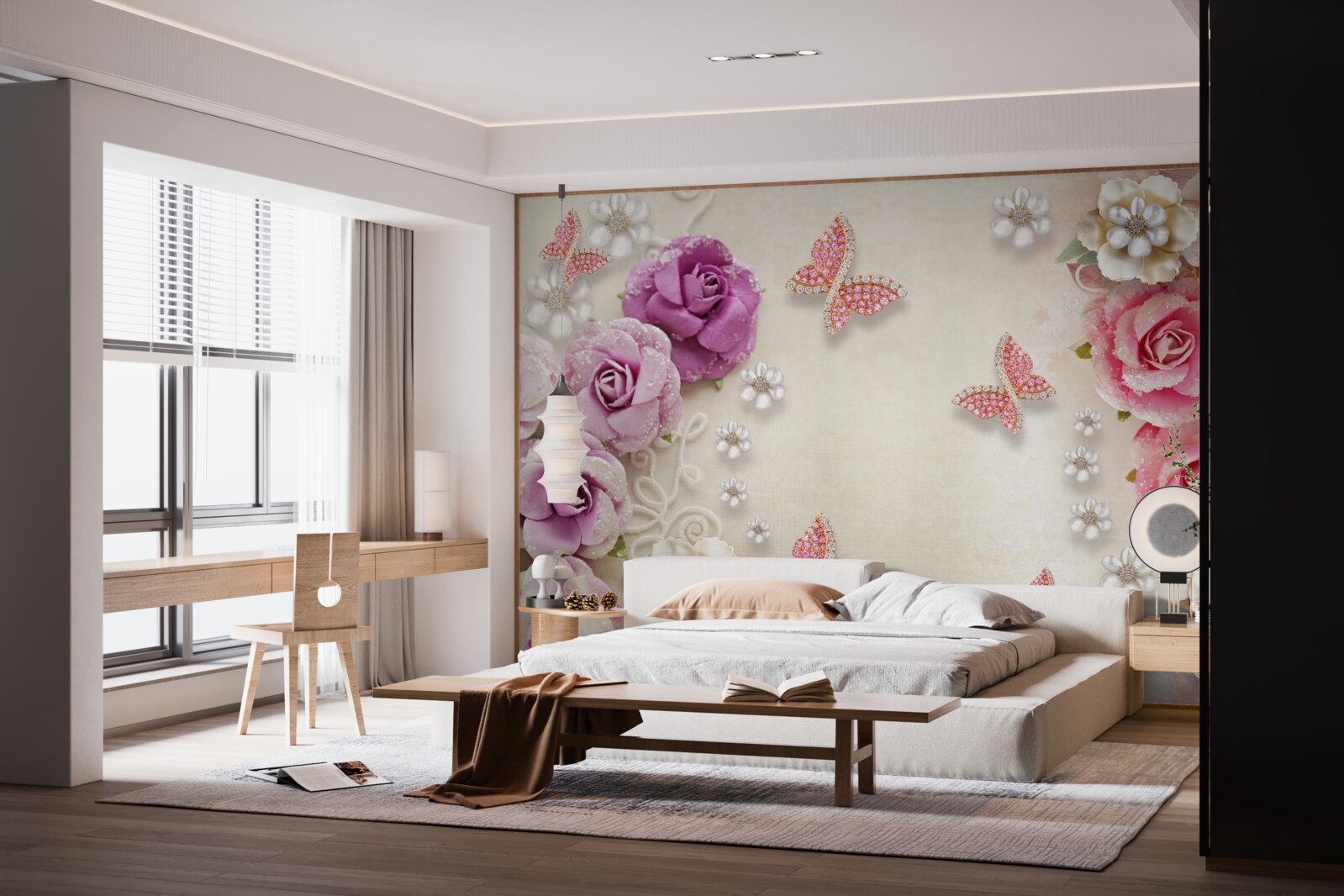 Fototapet florile sunt înconjurate de fluturi din pietre