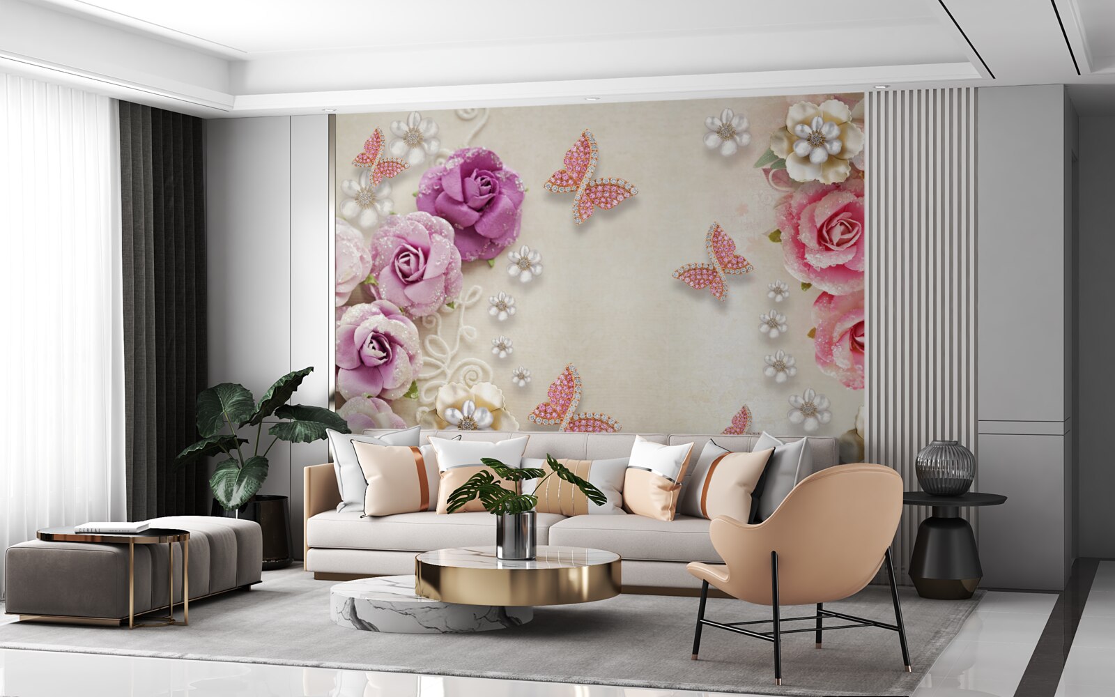 Fototapet florile sunt înconjurate de fluturi din pietre