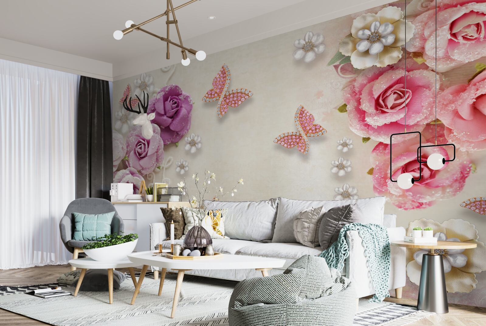 Fototapet florile sunt înconjurate de fluturi din pietre