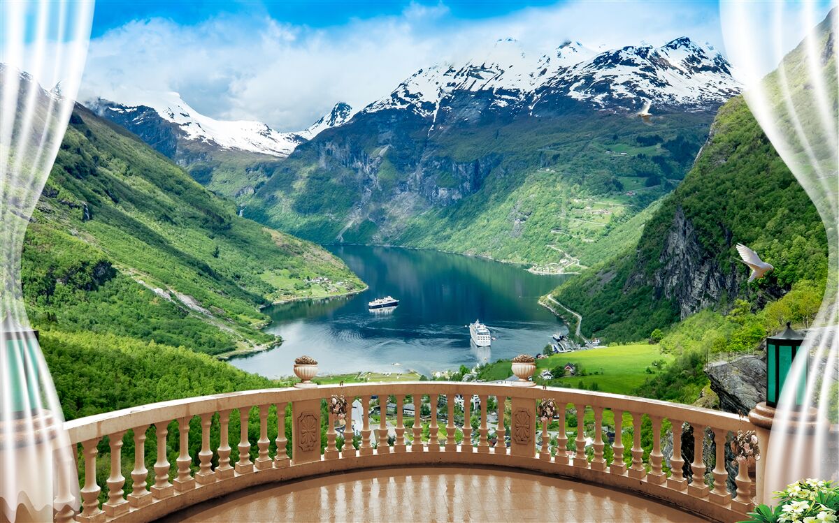 Fototapet terasă înconjurată de munți cu un lac