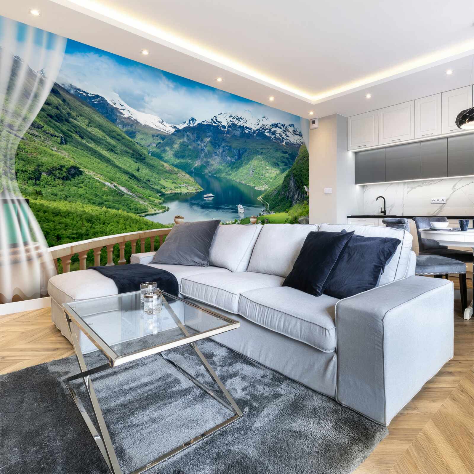 Fototapet terasă înconjurată de munți cu un lac