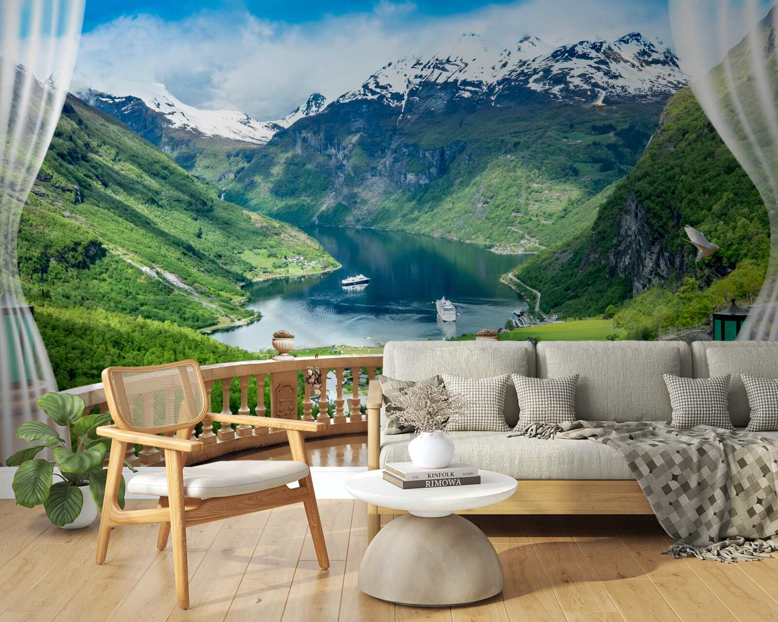 Fototapet terasă înconjurată de munți cu un lac